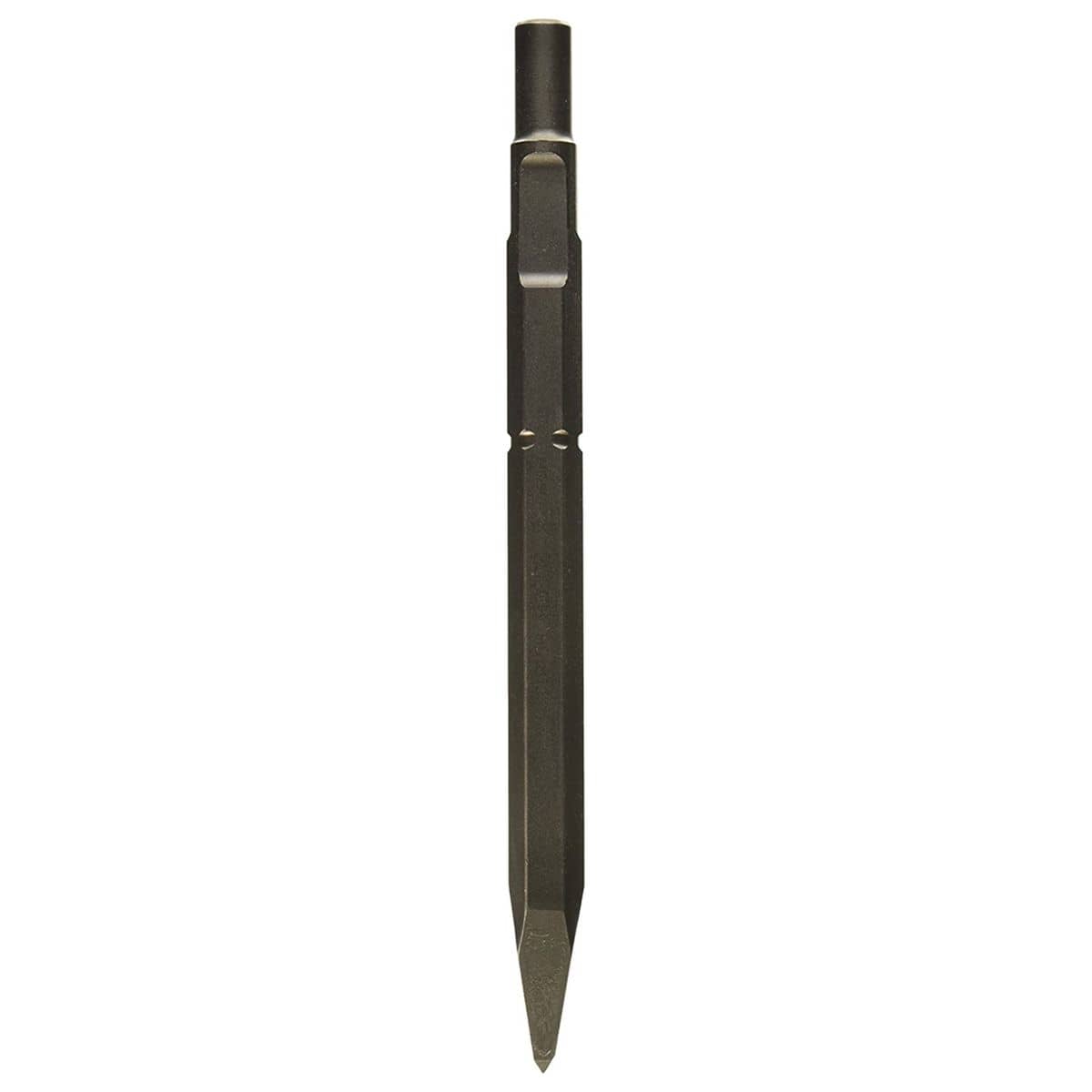 Bosch spline shank round hex hammer steel moil point chisel bit showing a straight vertical view of its heavy duty dark metal alloy body highlighting the slotted dual combination drive shank profile and a sharp tapered pointed tip engineered for concrete breaker rotary tools, masonry fracturing, and targeted demolition applications isolated on a white background.