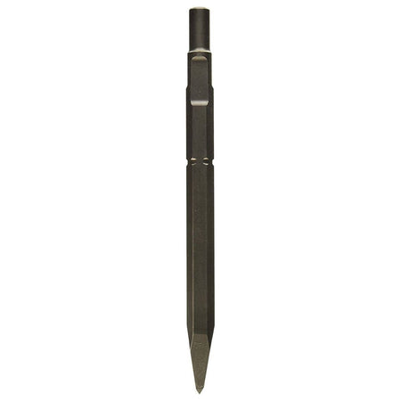 Bosch spline shank round hex hammer steel moil point chisel bit showing a straight vertical view of its heavy duty dark metal alloy body highlighting the slotted dual combination drive shank profile and a sharp tapered pointed tip engineered for concrete breaker rotary tools, masonry fracturing, and targeted demolition applications isolated on a white background.