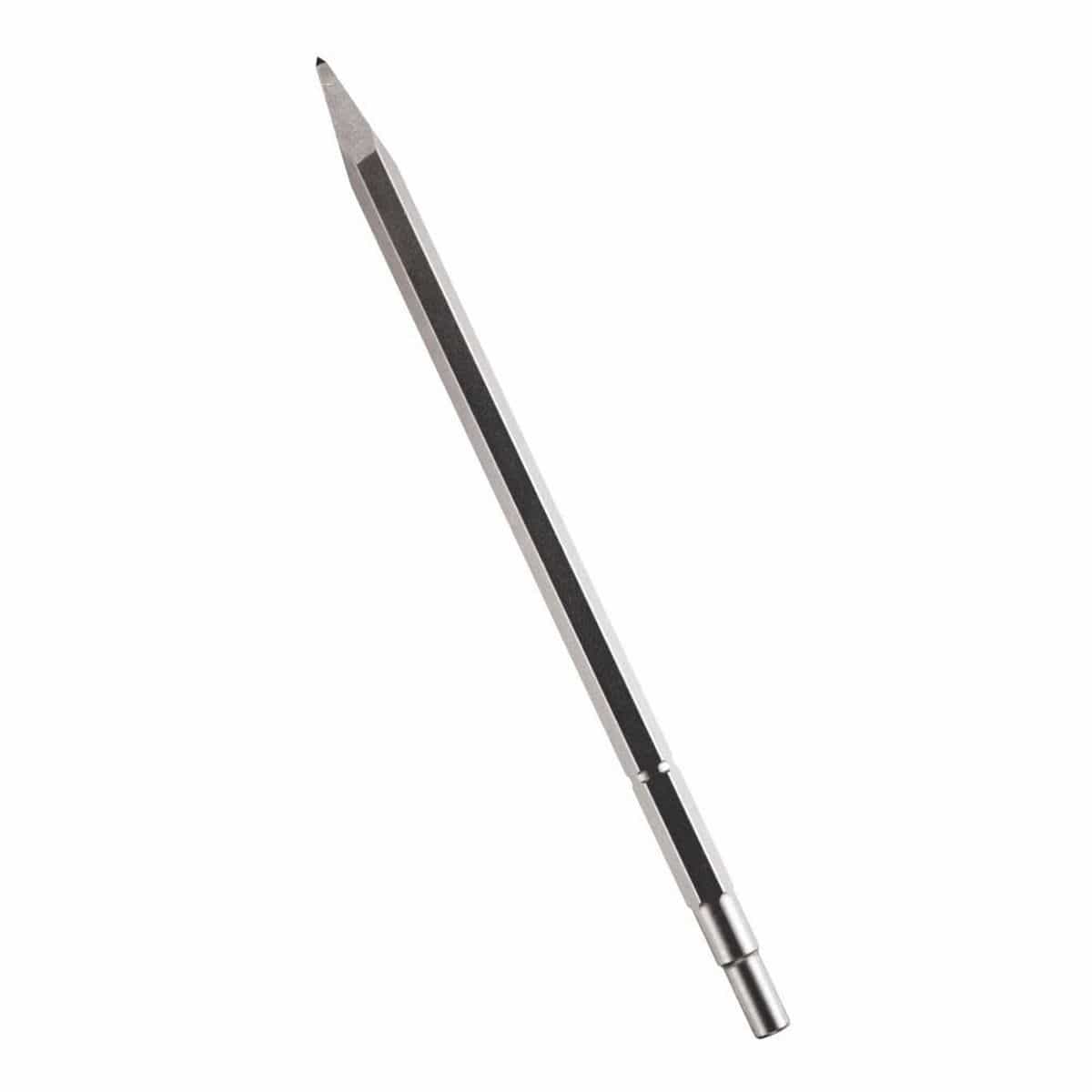 Bosch spline shank round hex hammer steel moil point chisel bit showing a heavy duty silver steel alloy body with an elongated hexagonal shaft layout, a slotted dual connection drive shank, and a sharp tapered pointed tip engineered for high impact concrete breaker rotary jackhammers, masonry precision hole punching, and targeted structural demolition applications isolated diagonally on a white background.