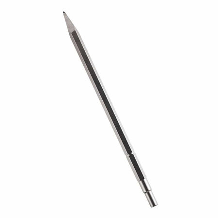 Bosch spline shank round hex hammer steel moil point chisel bit showing a heavy duty silver steel alloy body with an elongated hexagonal shaft layout, a slotted dual connection drive shank, and a sharp tapered pointed tip engineered for high impact concrete breaker rotary jackhammers, masonry precision hole punching, and targeted structural demolition applications isolated diagonally on a white background.