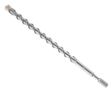 This is a close-up image of a metallic, threaded shaft, similar to a bolt or a drill bit. Its surface features distinct, continuous spiral grooves running along its length, creating a textured, ridged appearance.