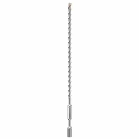 Bosch Spline SpeedX rotary hammer drill bit showing a full vertical view of its heavy duty silver alloy steel body featuring an industrial spline shank connection base, an elongated spiral flute shaft designed for faster dust removal, and a carbide tipped cutter head engineered for high performance penetration through reinforced concrete, masonry brick, and natural stone substrates isolated on a white background.