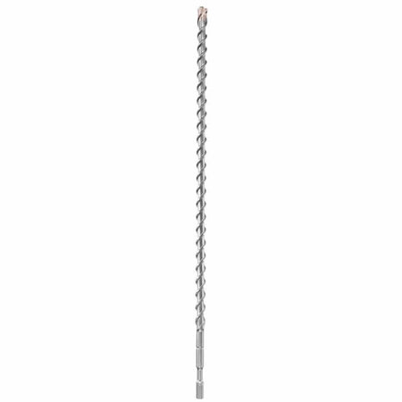 An ultra-long Bosch Spline SpeedX rotary hammer drill bit oriented vertically on a seamless white background, showcasing its elongated heavy-duty steel core shaft featuring an optimized spiral fluting design engineered for faster dust removal, a specialized quick-change spline drive shank configuration at the base, and an aggressive solid carbide tipped head built for precision high-speed boring and structural penetration through reinforced concrete, masonry block, brick, and dense stone aggregates.