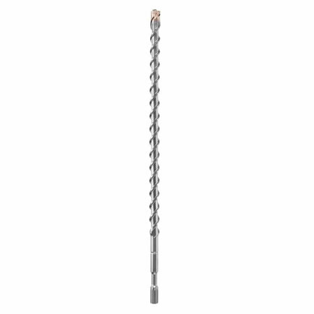 Bosch Spline SpeedX rotary hammer drill bit showing a full vertical layout of its heavy duty silver steel alloy body featuring an industrial ridge slotted spline drive shank connection base, an elongated spiral flute shaft designed for faster dust removal, and a multi cutter carbide tipped head engineered for high performance penetration through reinforced concrete, masonry brick, and natural stone substrates isolated on a white background.
