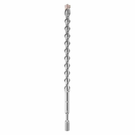 Bosch Spline SpeedX rotary hammer drill bit showing a full vertical layout of its heavy duty silver steel alloy body featuring an industrial spline shank drive connection base, an elongated spiral flute shaft designed for faster dust removal, and a multi cutter carbide tipped head engineered for high performance penetration through reinforced concrete, masonry brick, and natural stone substrates isolated on a white background.