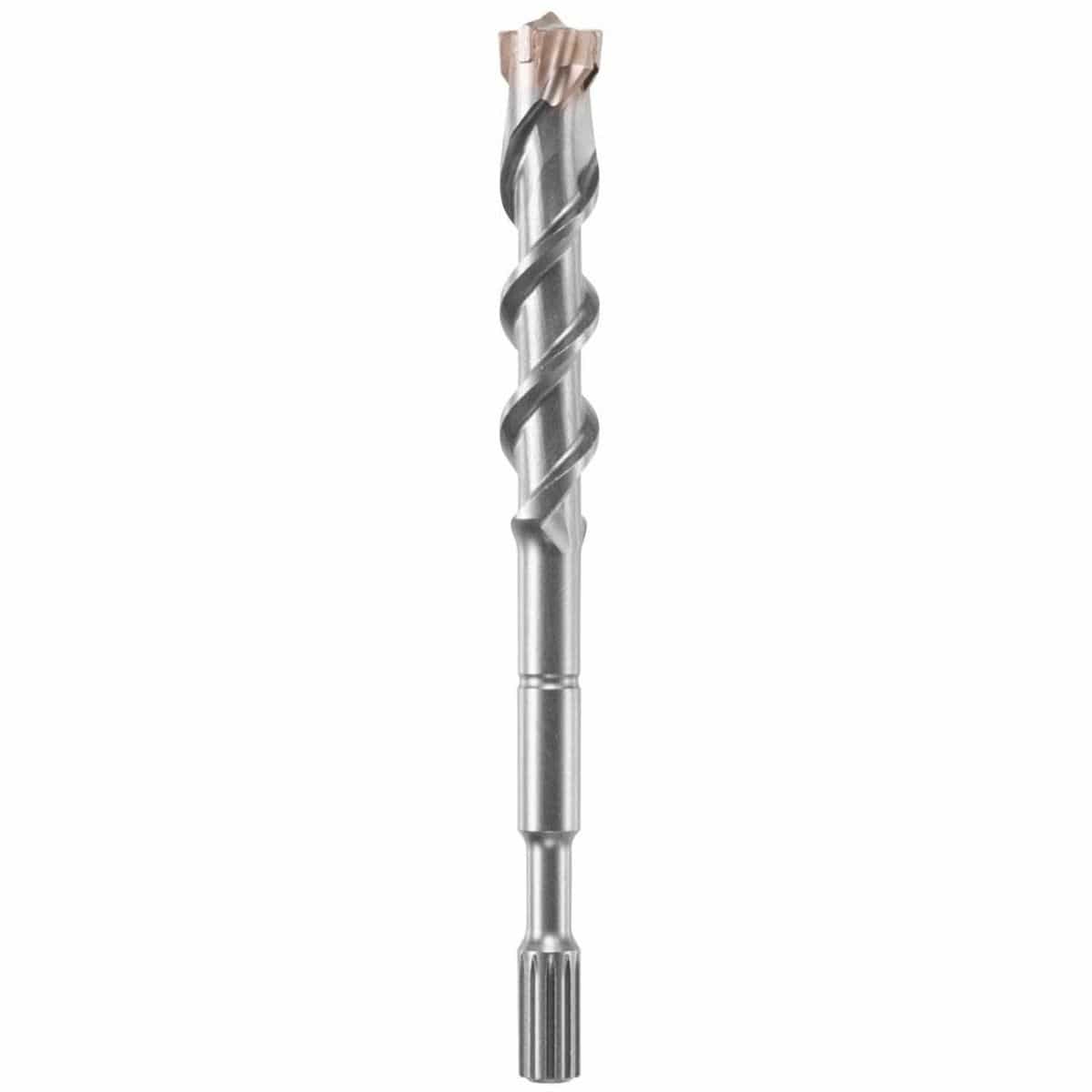 A heavy-duty Bosch Spline SpeedX rotary hammer drill bit positioned vertically against a plain white background, showcasing its industrial-grade splined drive shank designed for high-impact demolition tools, a solid steel extension shaft, an optimized four-flute deep spiral winding core engineered for rapid masonry dust extraction, and a robust carbide-tipped cutting tip optimized for high-speed penetration through reinforced concrete, rebar, brick, and stone.