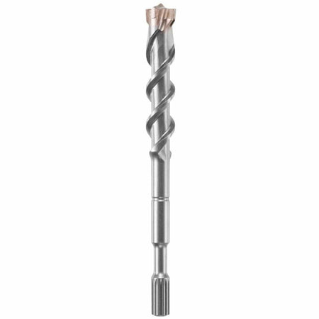 A heavy-duty Bosch Spline SpeedX rotary hammer drill bit positioned vertically against a plain white background, showcasing its industrial-grade splined drive shank designed for high-impact demolition tools, a solid steel extension shaft, an optimized four-flute deep spiral winding core engineered for rapid masonry dust extraction, and a robust carbide-tipped cutting tip optimized for high-speed penetration through reinforced concrete, rebar, brick, and stone.