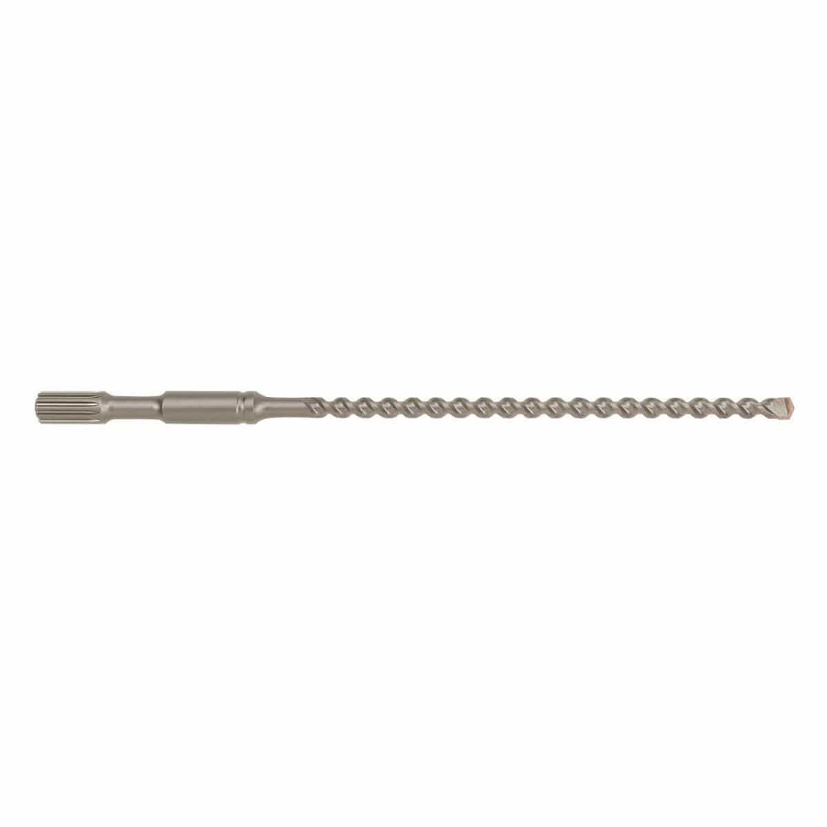 Bosch Spline SpeedX rotary hammer drill bit showcasing a side profile layout with its industrial ridge spline drive shank, extended deep dual flute geometry for faster dust removal, and a patented four cutter solid tungsten carbide head engineered for heavy duty reinforced concrete and masonry stone penetration isolated horizontally on a white background.