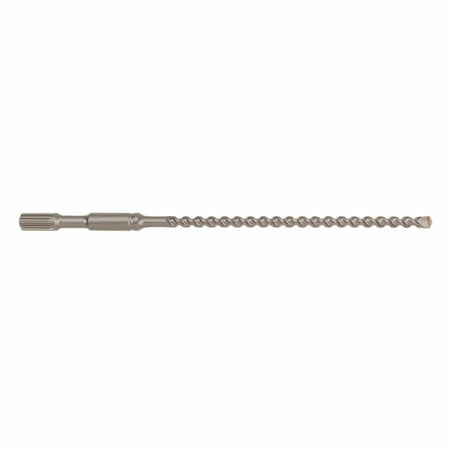 Bosch Spline SpeedX rotary hammer drill bit showcasing a side profile layout with its industrial ridge spline drive shank, extended deep dual flute geometry for faster dust removal, and a patented four cutter solid tungsten carbide head engineered for heavy duty reinforced concrete and masonry stone penetration isolated horizontally on a white background.