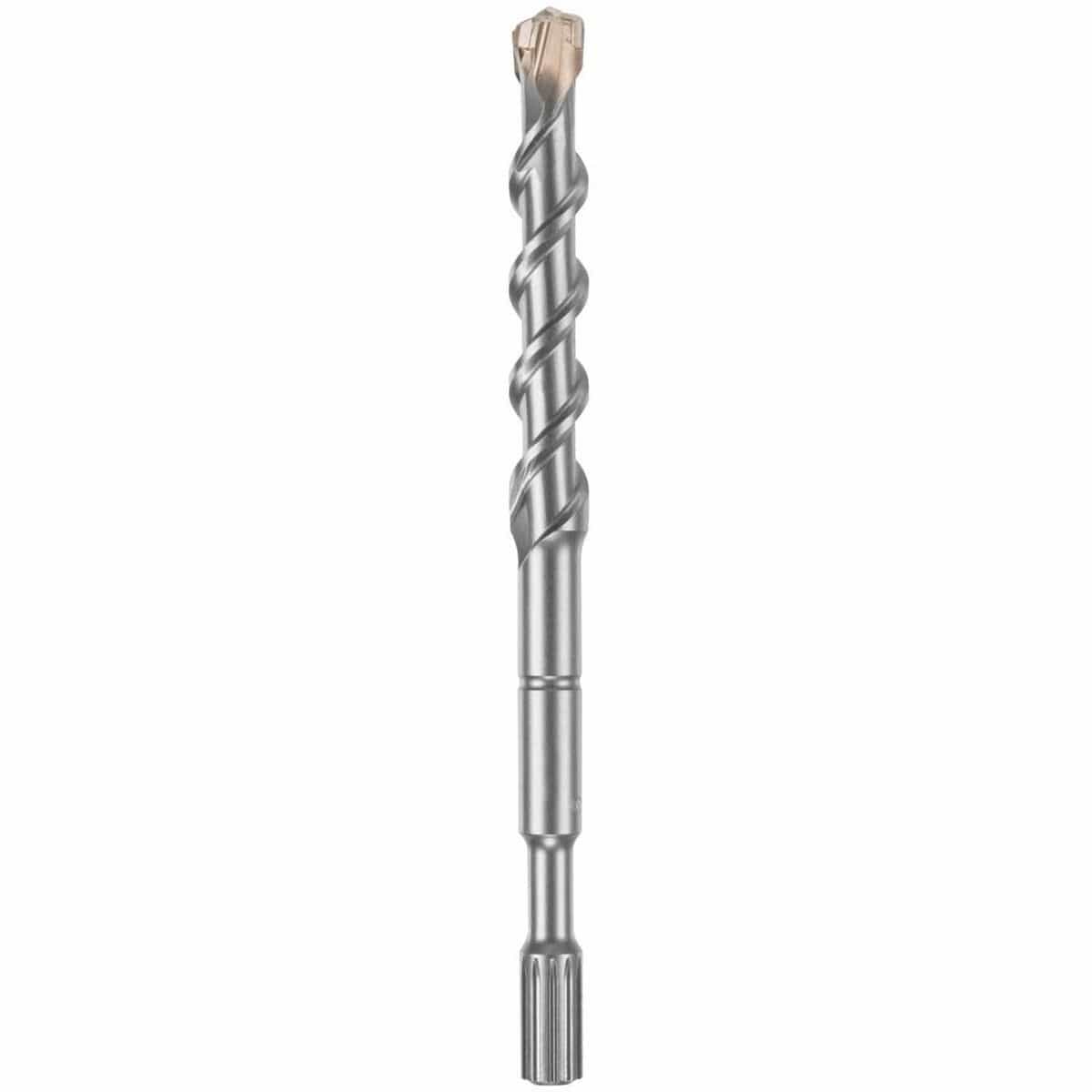 A heavy-duty Bosch Spline SpeedX rotary hammer drill bit oriented vertically against a solid white background, showcasing its standard industrial splined connection shank built for robust demolition hammers, a solid solid-steel mid-shaft, an optimized four-flute deep spiral winding core engineered for accelerated dust removal, and a premium full carbide-tipped cutting tip optimized for high-speed structural penetration through reinforced concrete, rebar, brick, and stone.