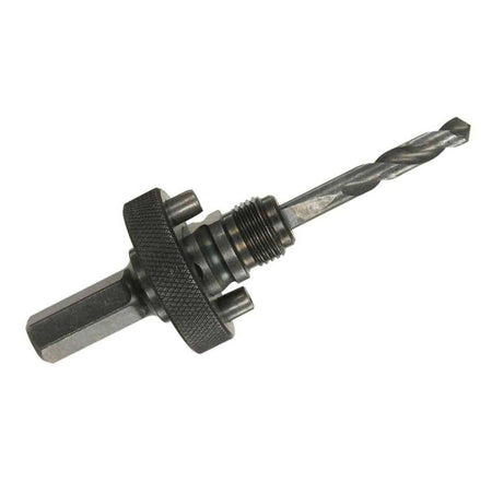 Angled view of the Bosch hole saw mandrel featuring a hex shank, threaded collar with locking pins, and a high-speed steel pilot bit.
