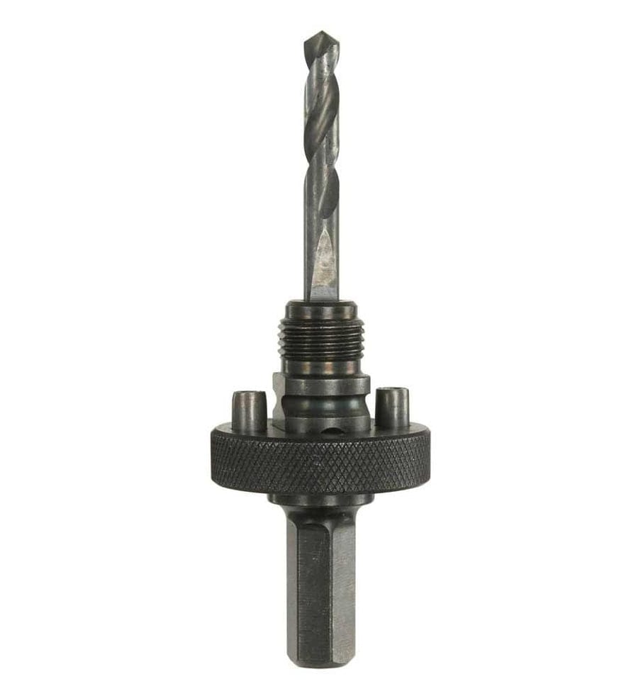 Vertical profile view of the hole saw mandrel showing the alignment of the hex shank, locking mechanism, and pilot drill bit.