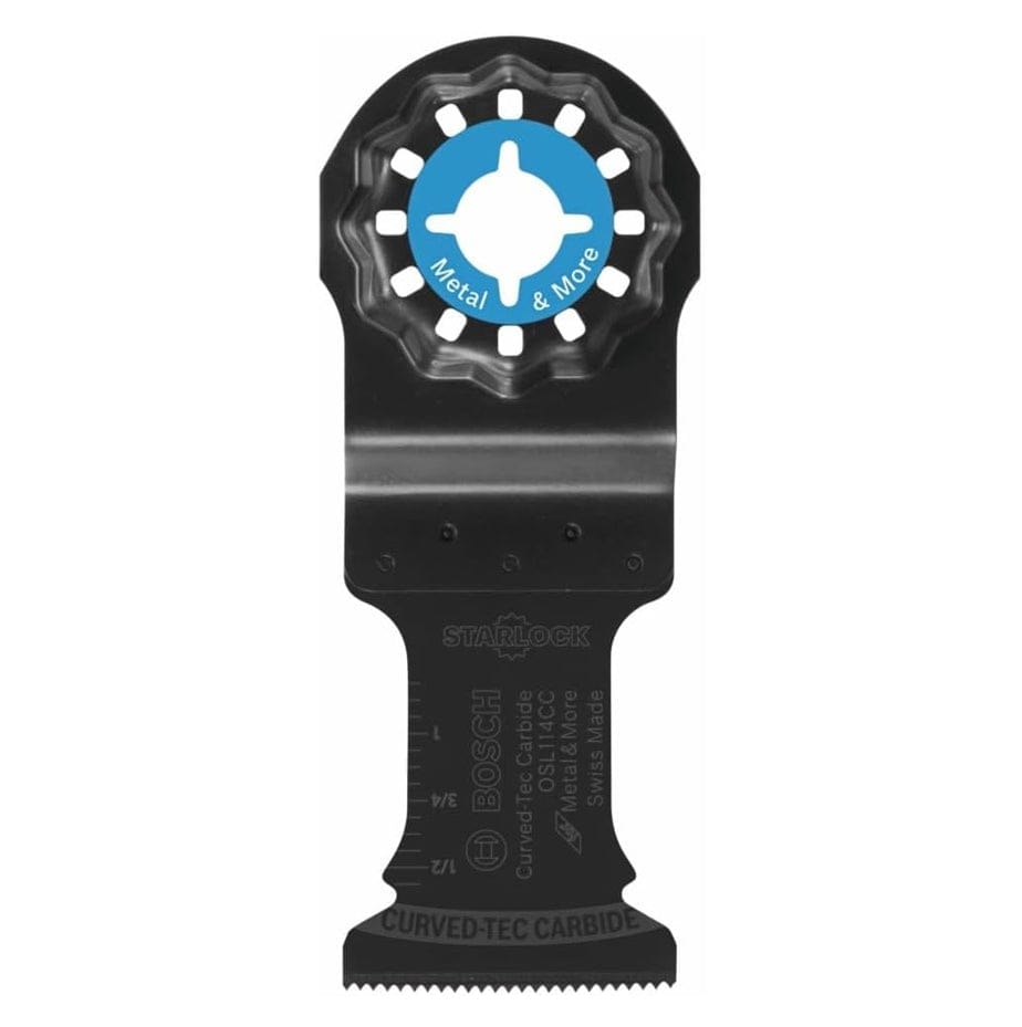 Studio view of the black 1-1/4 inch Starlock oscillating multi-tool blade featuring a blue color-coded interface ring for metal applications.