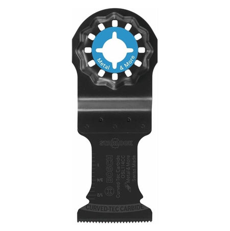 Studio view of the black 1-1/4 inch Starlock oscillating multi-tool blade featuring a blue color-coded interface ring for metal applications.