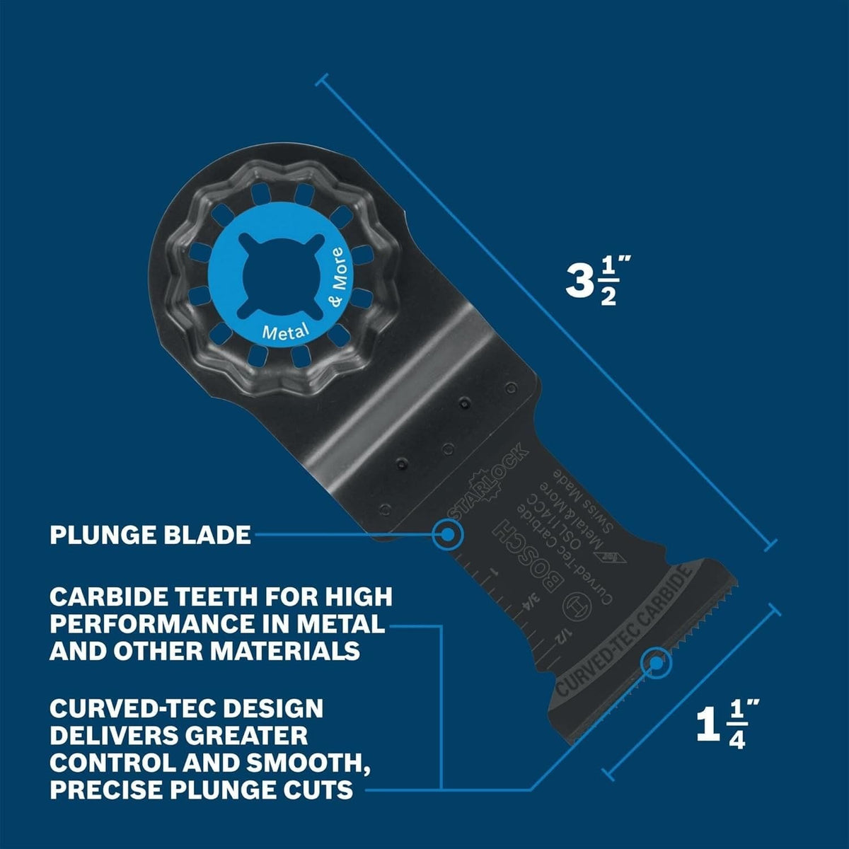 Infographic diagram detailing the blade dimensions and features including the plunge blade shape and Curved-Tec design.