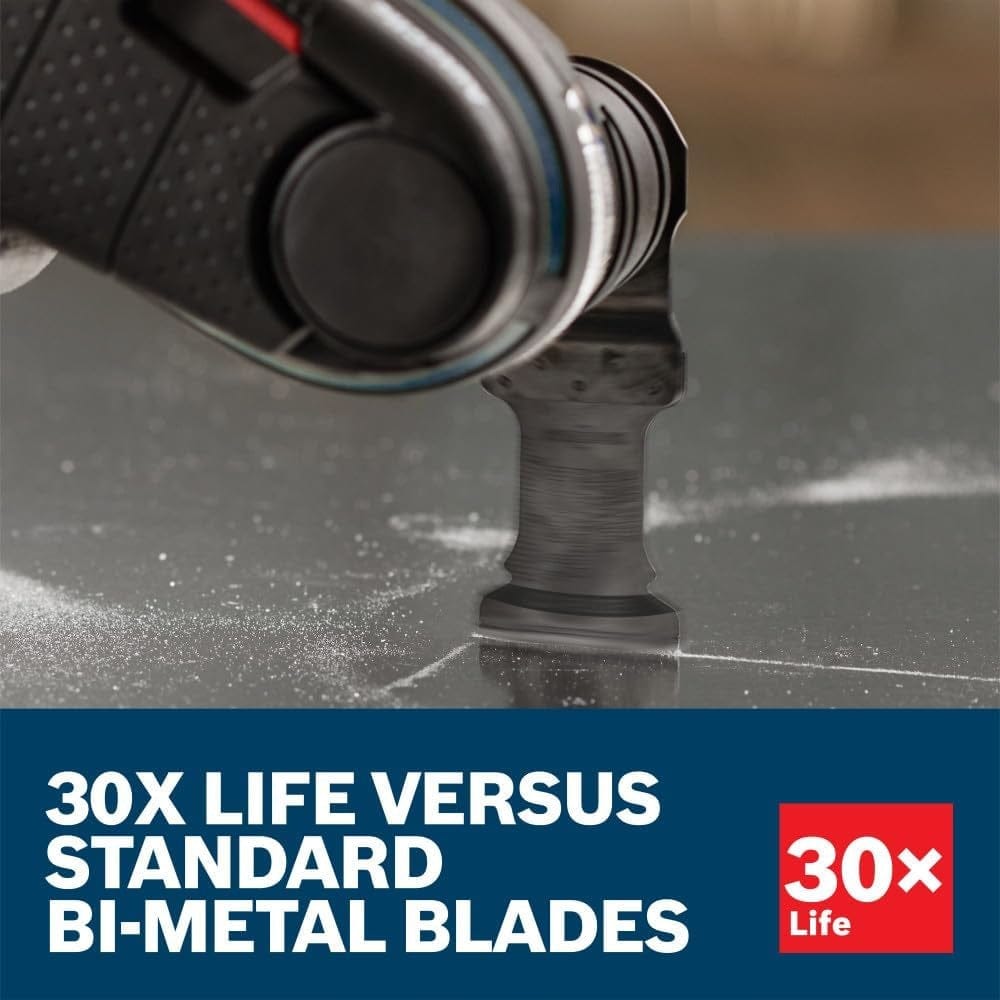 Action shot of the carbide blade plunging into material with text comparing it to standard bi-metal blades for 30 times longer life.