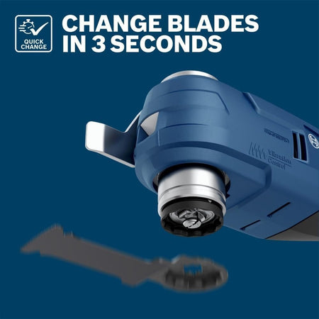 Infographic titled Change Blades in 3 Seconds showing the Starlock quick change system on a blue oscillating tool.