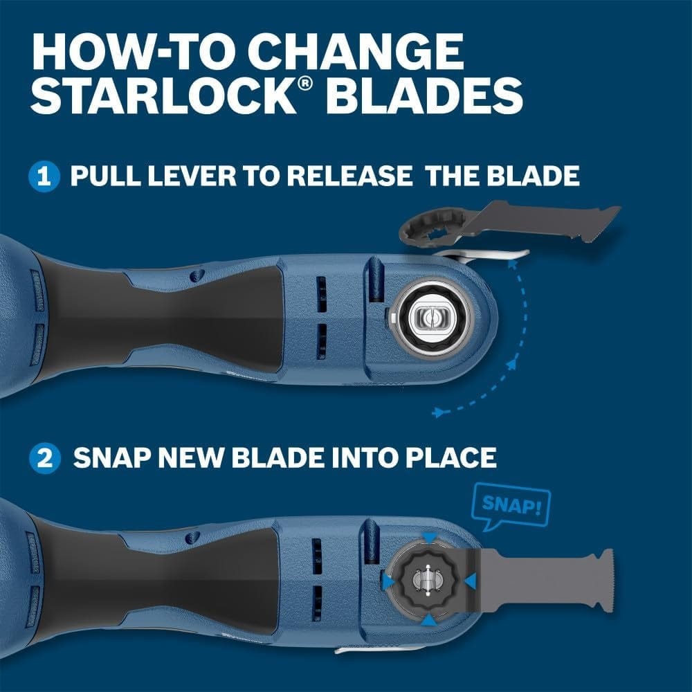 Instructional graphic titled How to Change Starlock Blades demonstrating the lever release and snap-in mounting process.