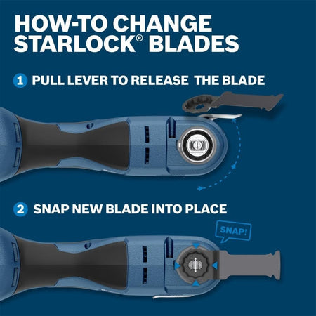 Instructional graphic titled How to Change Starlock Blades demonstrating the lever release and snap-in mounting process.