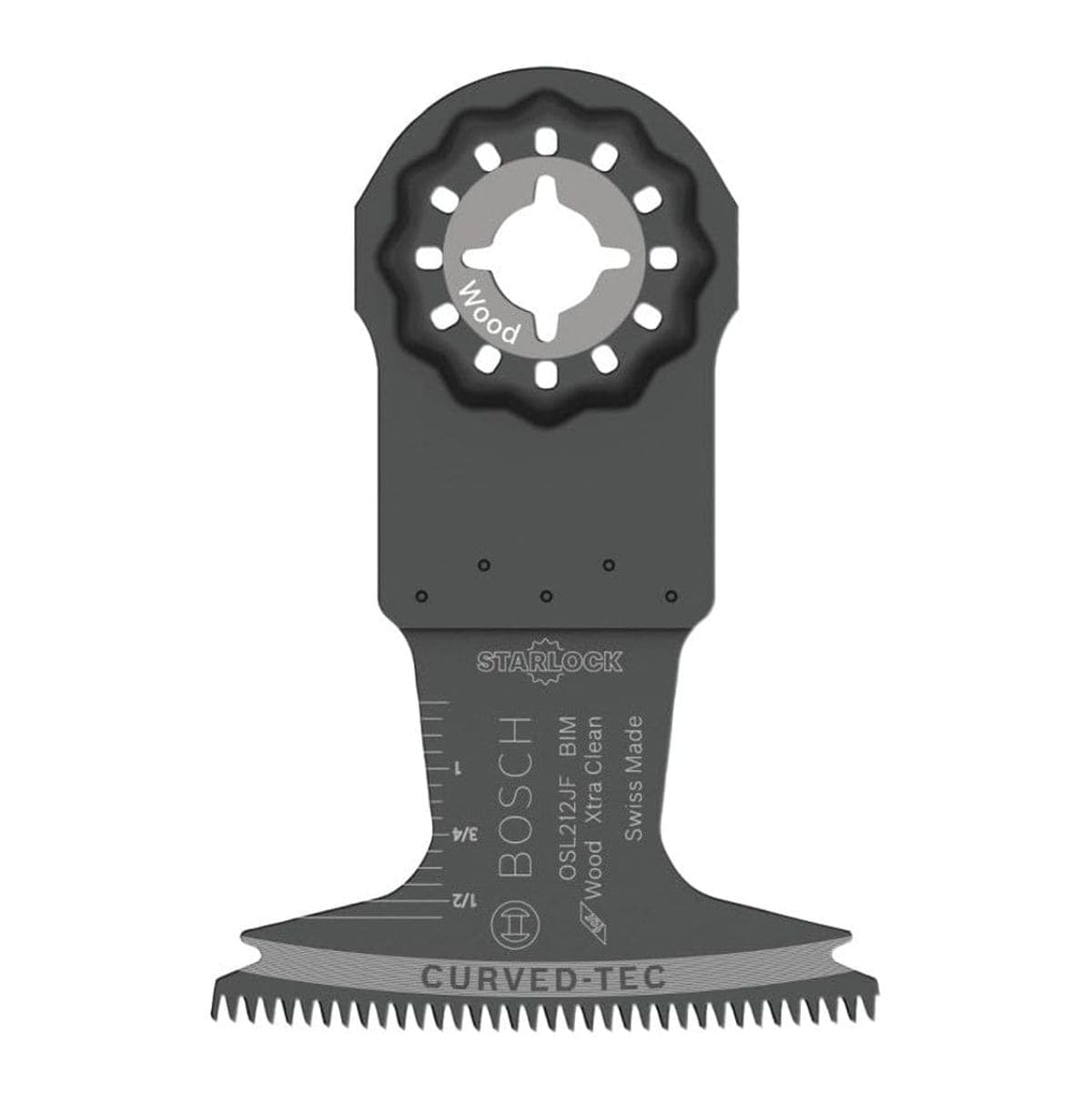 Studio view of the 2-1/2 inch Starlock bi-metal plunge cut blade displaying the Wood application icon and Curved-Tec cutting edge.