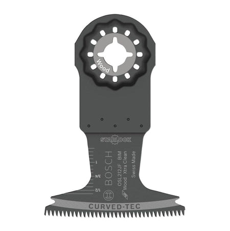 Studio view of the 2-1/2 inch Starlock bi-metal plunge cut blade displaying the Wood application icon and Curved-Tec cutting edge.