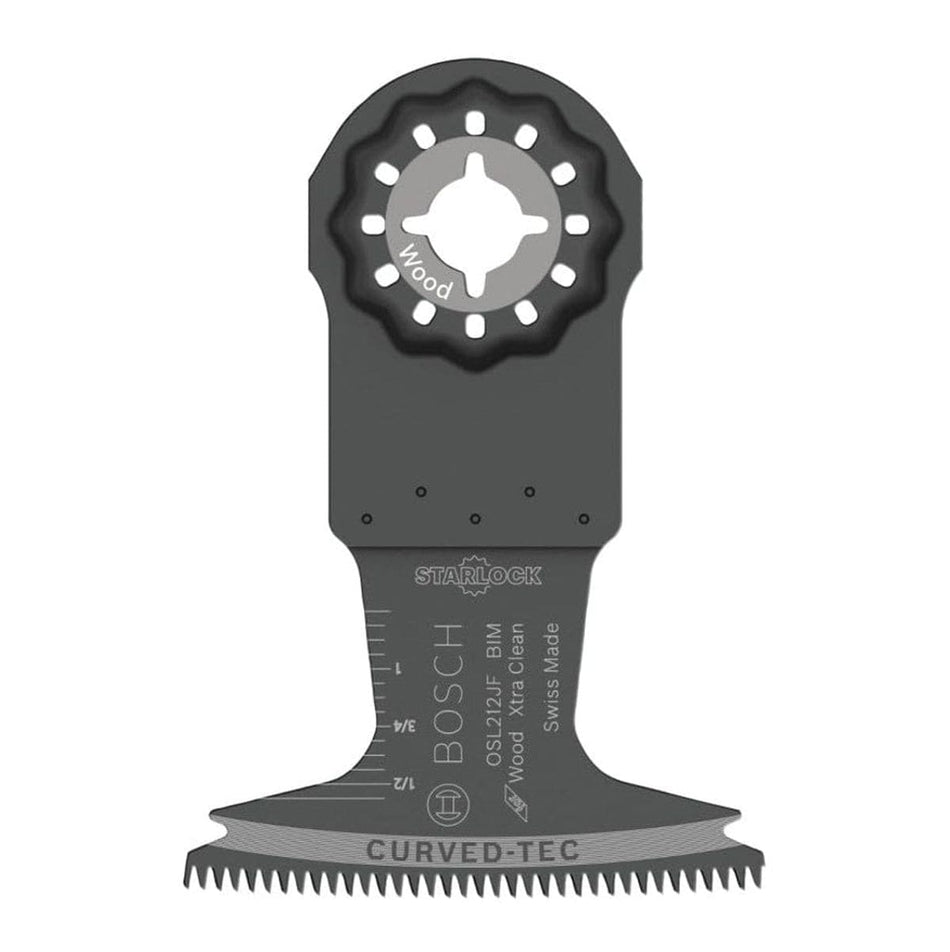 Studio view of the 2-1/2 inch Starlock bi-metal plunge cut blade displaying the Wood application icon and Curved-Tec cutting edge.