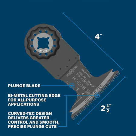 Infographic diagram detailing the blade dimensions of 2-1/2 inches wide by 4 inches tall and highlighting the curved-tec bi-metal cutting edge features.