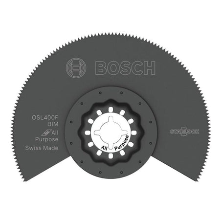Studio view of the 4 inch bi-metal segmented saw blade displaying the Starlock interface and Bosch branding.