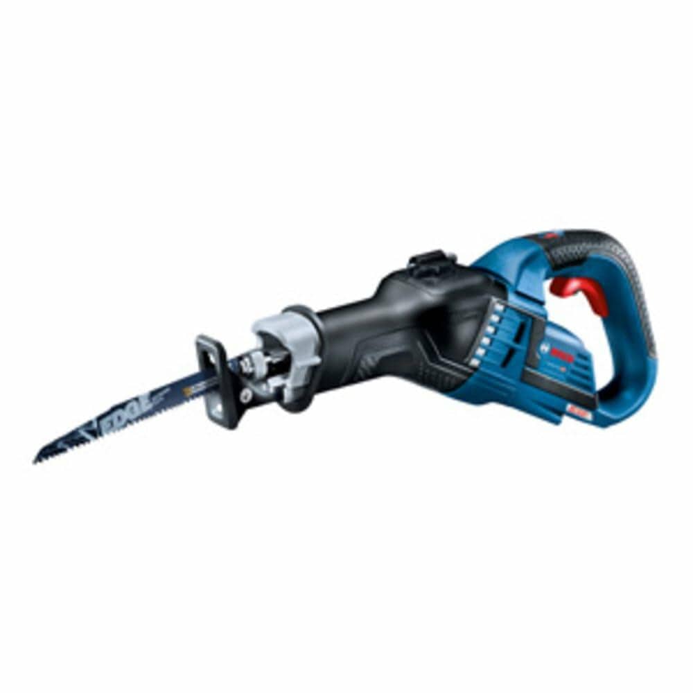 Bosch cordless reciprocating saw with visible blade and ergonomic handle. The image showcases the tool’s rugged design and suitability for cutting wood, metal, or plastic in construction and renovation projects.