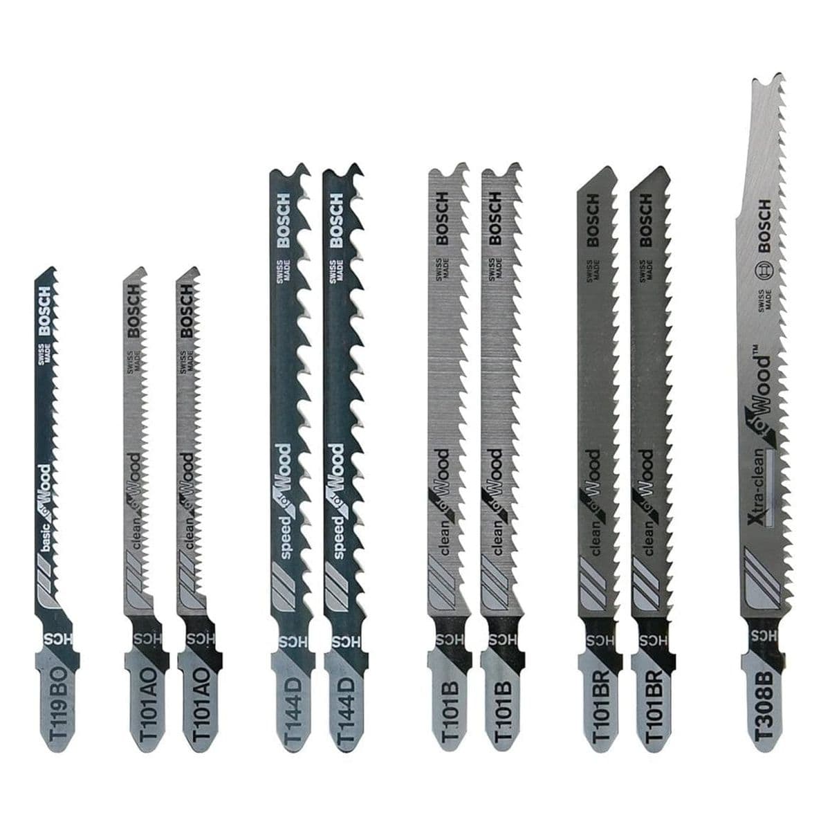 A studio product shot of the 10-piece Bosch jigsaw blade assortment, displaying various T-shank blades including models T119BO, T101AO, T144D, T101B, T101BR, and T308B, showing different tooth configurations for diverse wood-cutting tasks.