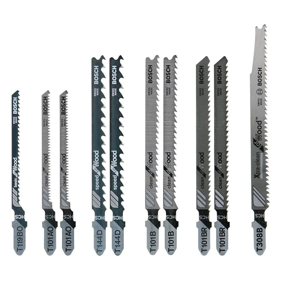 A studio product shot of the 10-piece Bosch jigsaw blade assortment, displaying various T-shank blades including models T119BO, T101AO, T144D, T101B, T101BR, and T308B, showing different tooth configurations for diverse wood-cutting tasks.