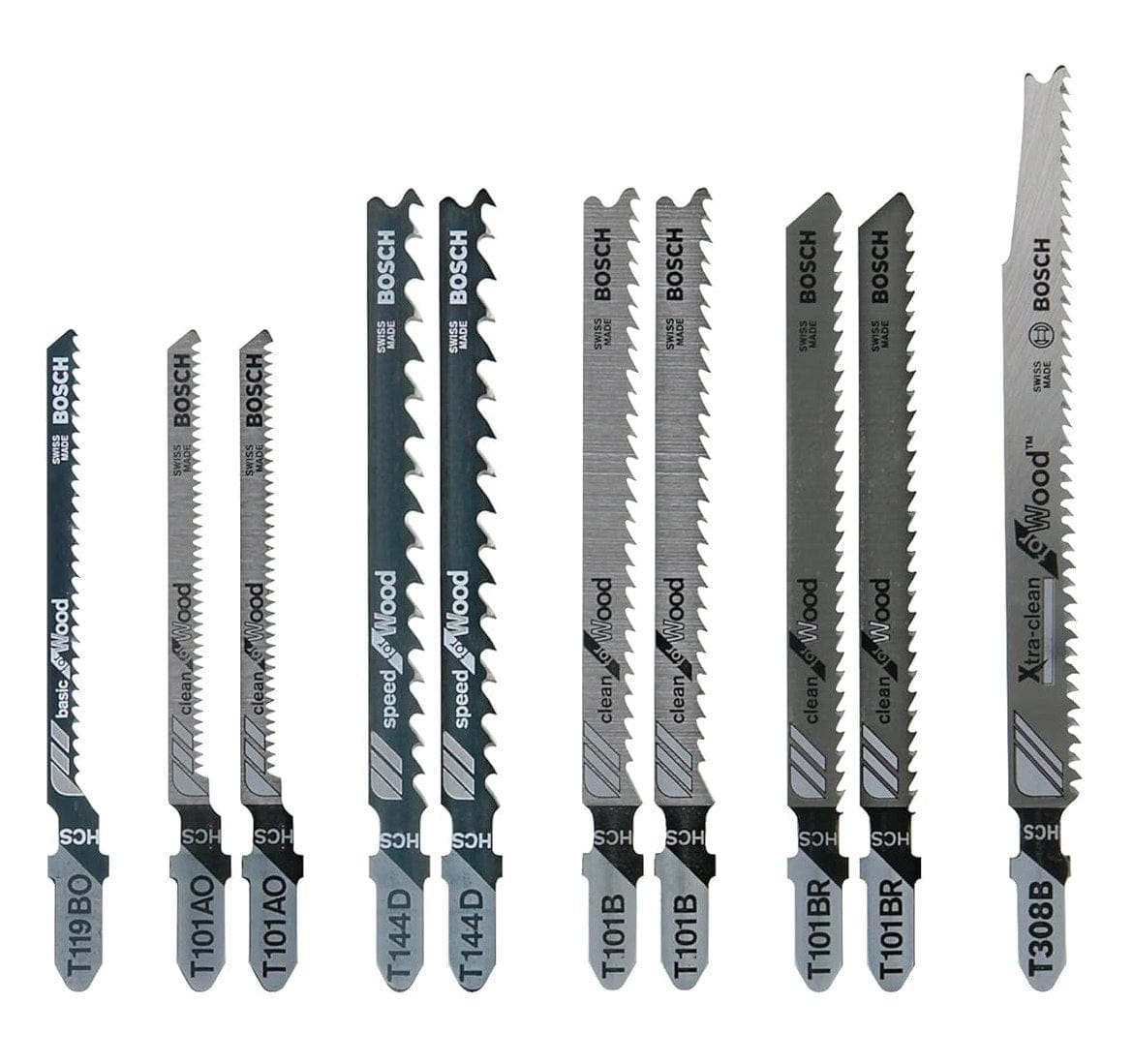 A studio product shot of the 10-piece Bosch jigsaw blade assortment, displaying various T-shank blades including models T119BO, T101AO, T144D, T101B, T101BR, and T308B, showing different tooth configurations for diverse wood-cutting tasks.
