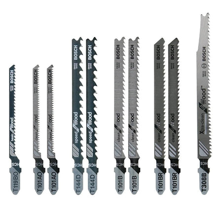 A studio product shot of the 10-piece Bosch jigsaw blade assortment, displaying various T-shank blades including models T119BO, T101AO, T144D, T101B, T101BR, and T308B, showing different tooth configurations for diverse wood-cutting tasks.