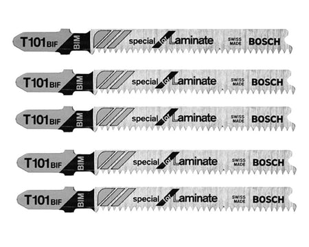 A studio shot showing all five Bosch T101BIF "Special for Laminate" T-shank jig saw blades included in the 5-pack.