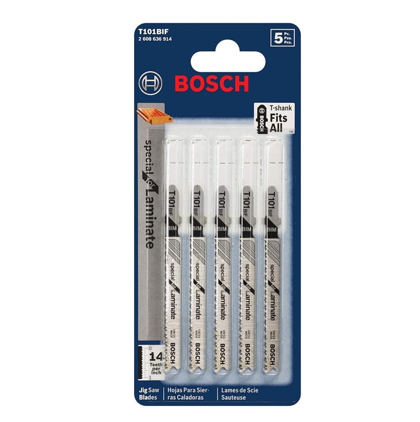 The retail packaging for the Bosch T101BIF 5-pack of "Special for Laminate" T-shank jig saw blades.