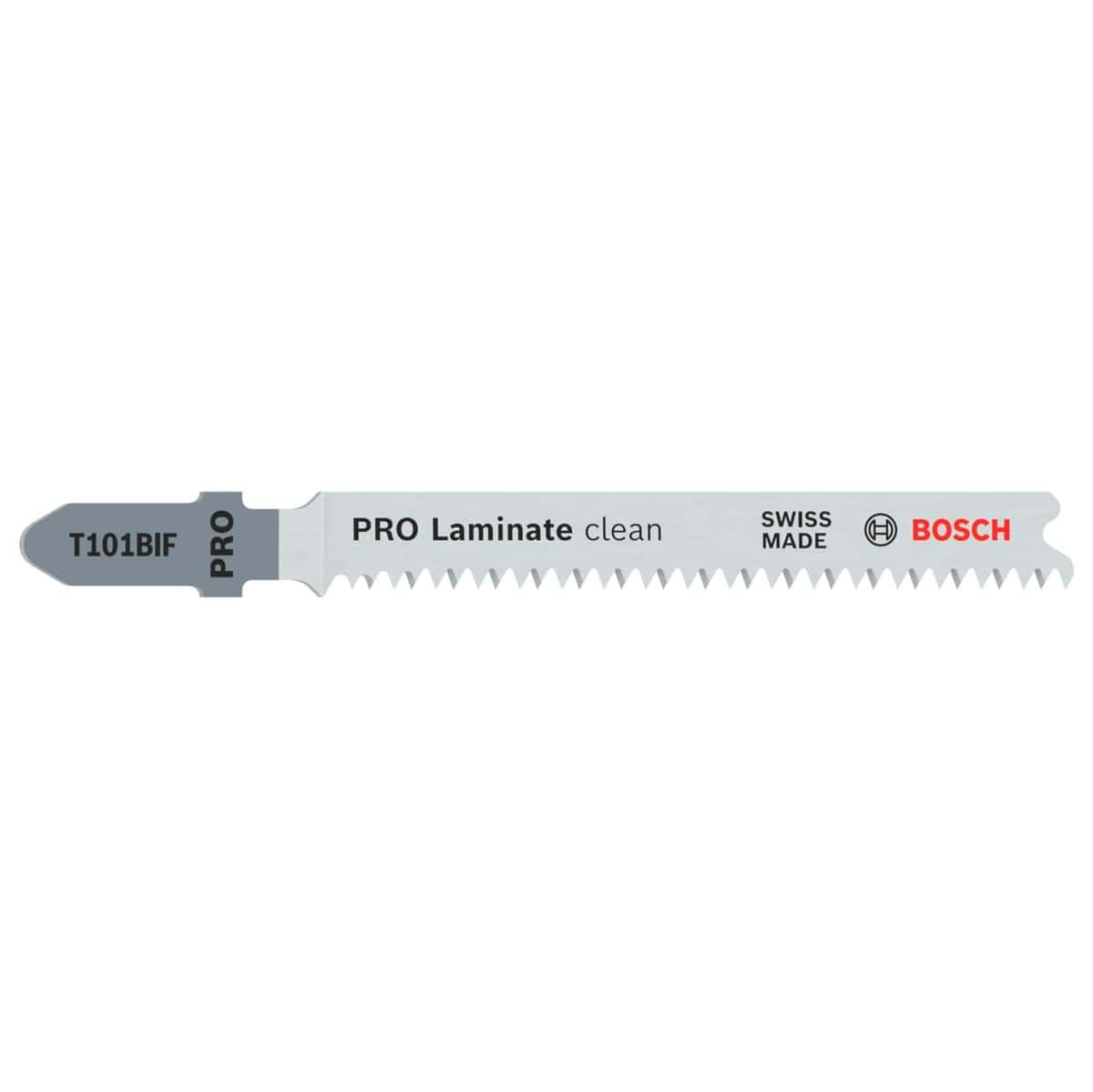 A professional Bosch T101BIF T-shank jig saw blade featuring a bi-metal construction and a special tooth design for making clean, splinter-free cuts in laminate flooring.