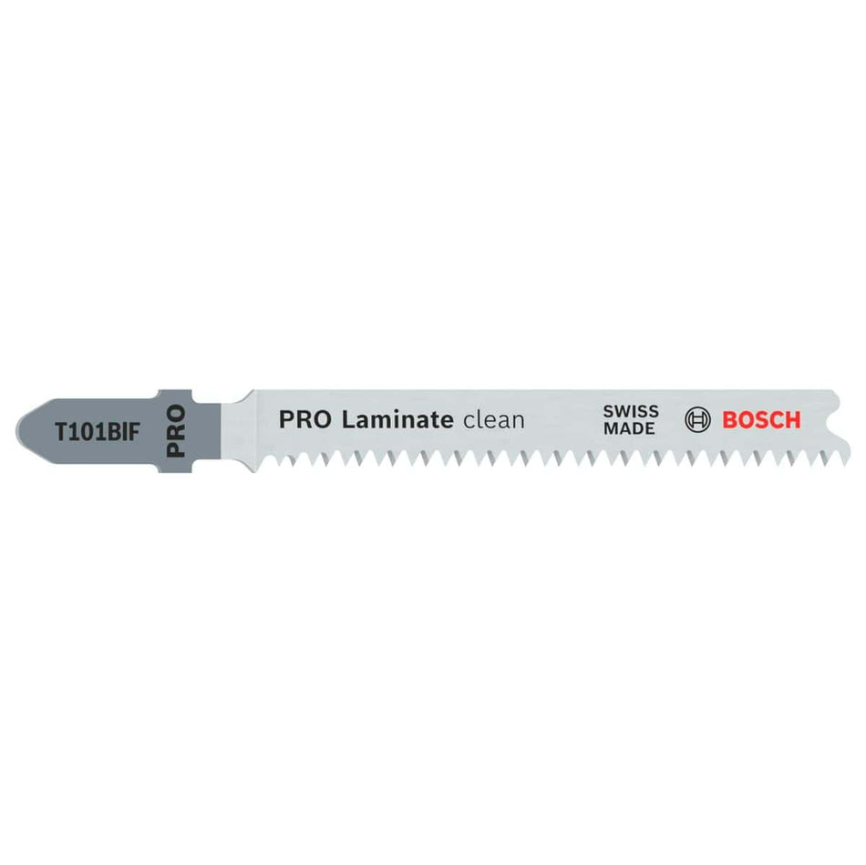 A professional Bosch T101BIF T-shank jig saw blade featuring a bi-metal construction and a special tooth design for making clean, splinter-free cuts in laminate flooring.