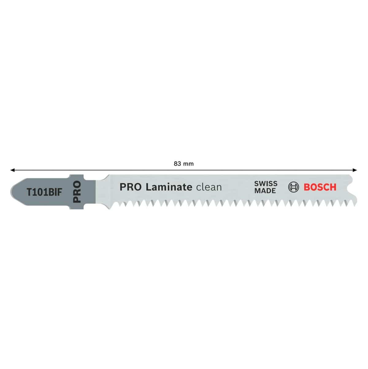 A technical profile of the Bosch T101BIF jig saw blade illustrating the 83 mm overall length and the precision-ground teeth optimized for cutting abrasive laminate materials.