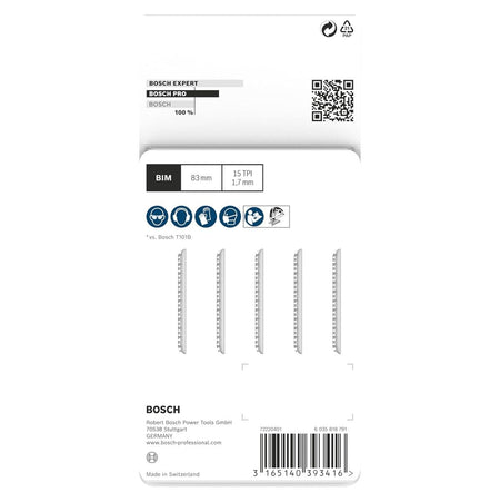 The back of the Bosch T101BIF 5-pack packaging showing technical specifications including the 15 TPI count and safety icons for eye, ear, and respiratory protection.