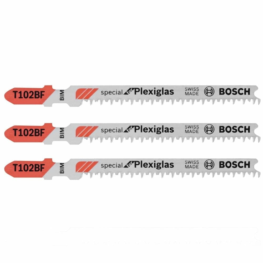 Studio shot of three Bosch T102BF jigsaw blades arranged horizontally, featuring red T-shanks and white bodies labeled Special for Plexiglas.