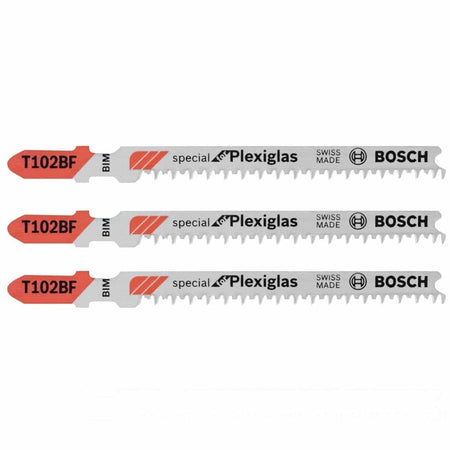 Studio shot of three Bosch T102BF jigsaw blades arranged horizontally, featuring red T-shanks and white bodies labeled Special for Plexiglas.