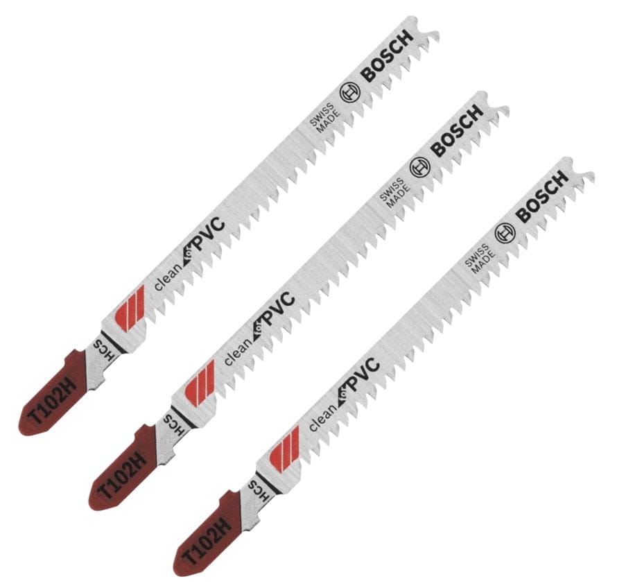 Studio shot of three Bosch T102H jigsaw blades arranged diagonally, featuring red T-shanks and silver bodies labeled Clean for PVC.