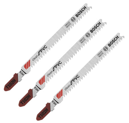 Studio shot of three Bosch T102H jigsaw blades arranged diagonally, featuring red T-shanks and silver bodies labeled Clean for PVC.