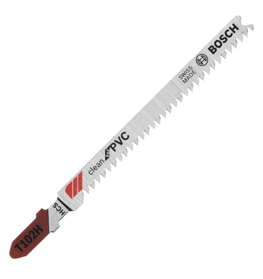 Diagonal view of a single Bosch T102H jigsaw blade showing the red T-shank, high carbon steel body, and ground teeth.