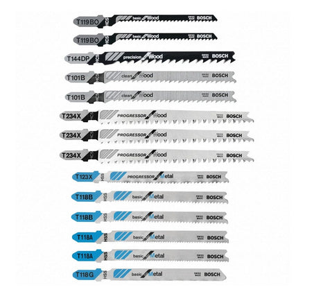 Studio shot of the 14-piece Bosch jigsaw blade set arranged in a vertical column, displaying various blade types including Basic for Wood, Precision for Wood, Clean for Wood, Progressor for Wood, and Basic for Metal.