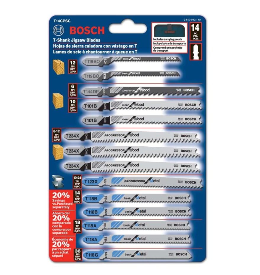 Retail packaging for the Bosch T14CPSC blade set showing the 14 blades encased in clear plastic with a graphic indicating the included blue storage pouch and a side panel listing the specific blade models and quantities.