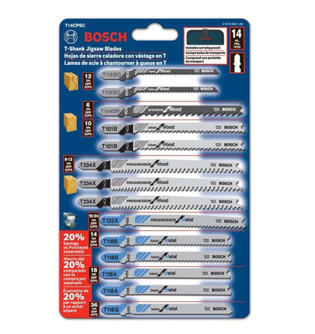 Retail packaging for the Bosch T14CPSC blade set showing the 14 blades encased in clear plastic with a graphic indicating the included blue storage pouch and a side panel listing the specific blade models and quantities.