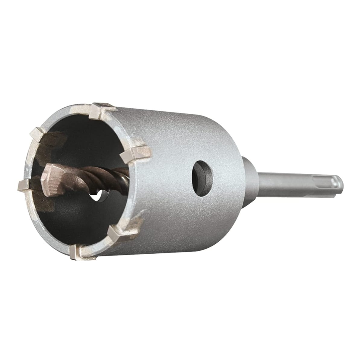 Angled view of a Bosch thin wall core bit with a pilot bit installed, attached to the 4-inch SDS-plus core bit extension for deep concrete drilling.