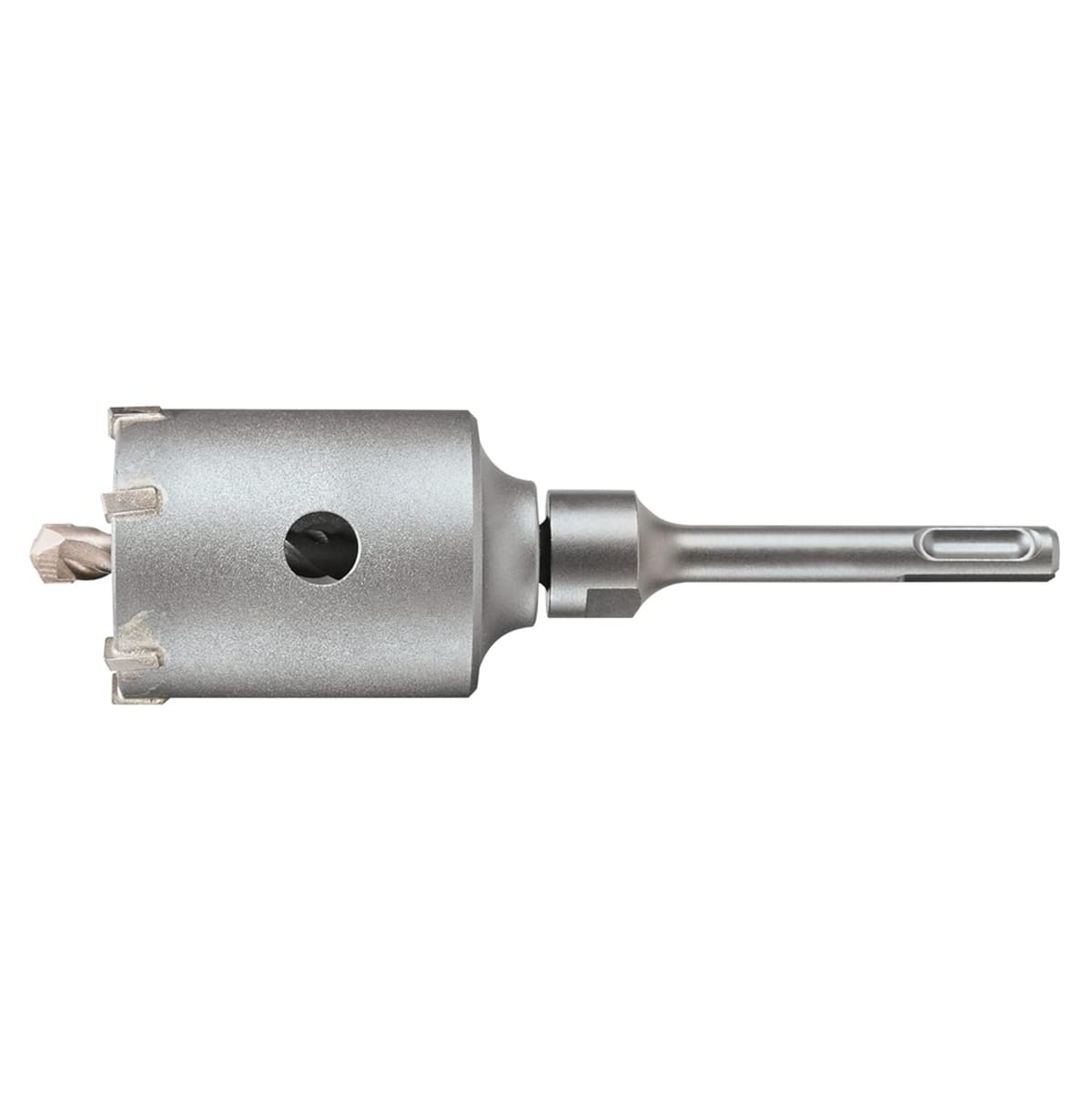 Side profile of the Bosch core bit connected to the T3923SC 4-inch SDS-plus extension, demonstrating the seamless two-piece assembly ready for heavy-duty drilling.