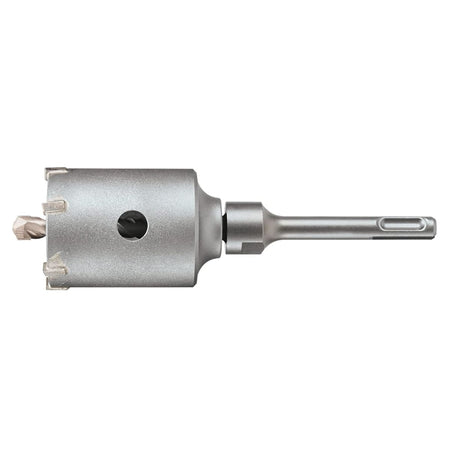 Side profile of the Bosch core bit connected to the T3923SC 4-inch SDS-plus extension, demonstrating the seamless two-piece assembly ready for heavy-duty drilling.